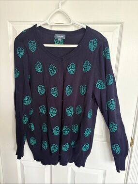 Modcloth Navy Cardigan with Teal Leaf Motif